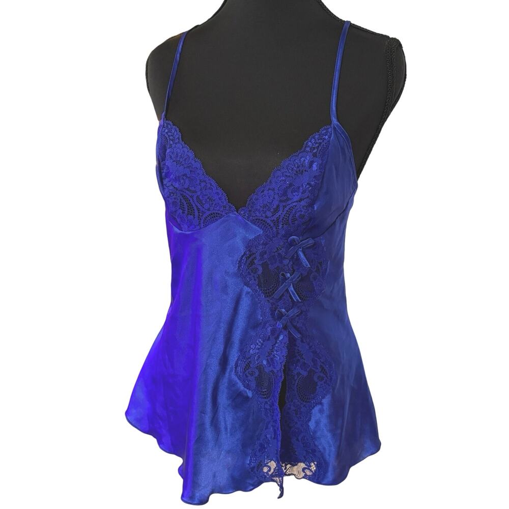 Vintage Babydoll Sexy Royal Blue Lingerie Top Lace Bows Criss-Cross Strap Small